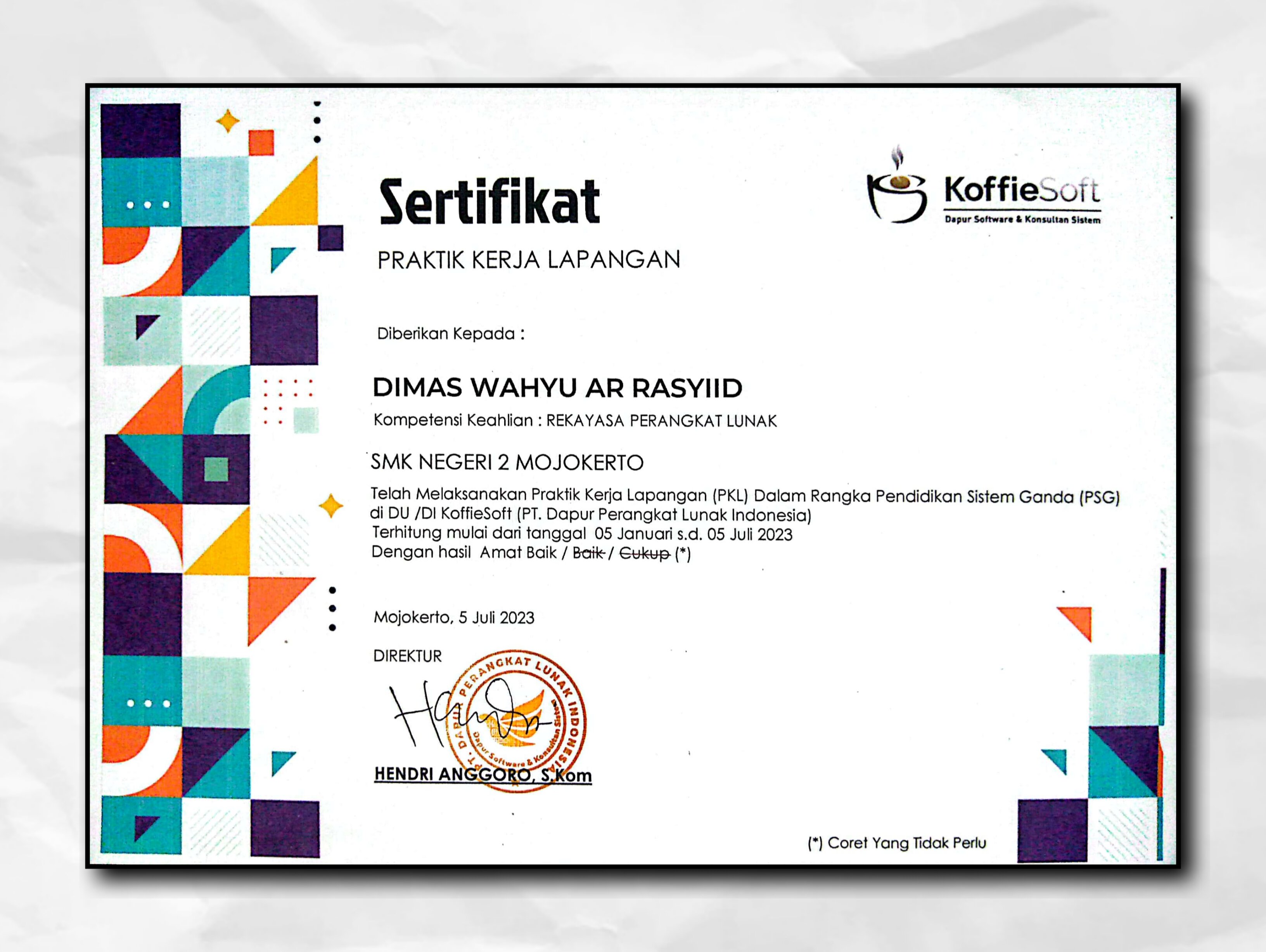 Sertifikat PKL / Magang<br>KoffieSoft 2023