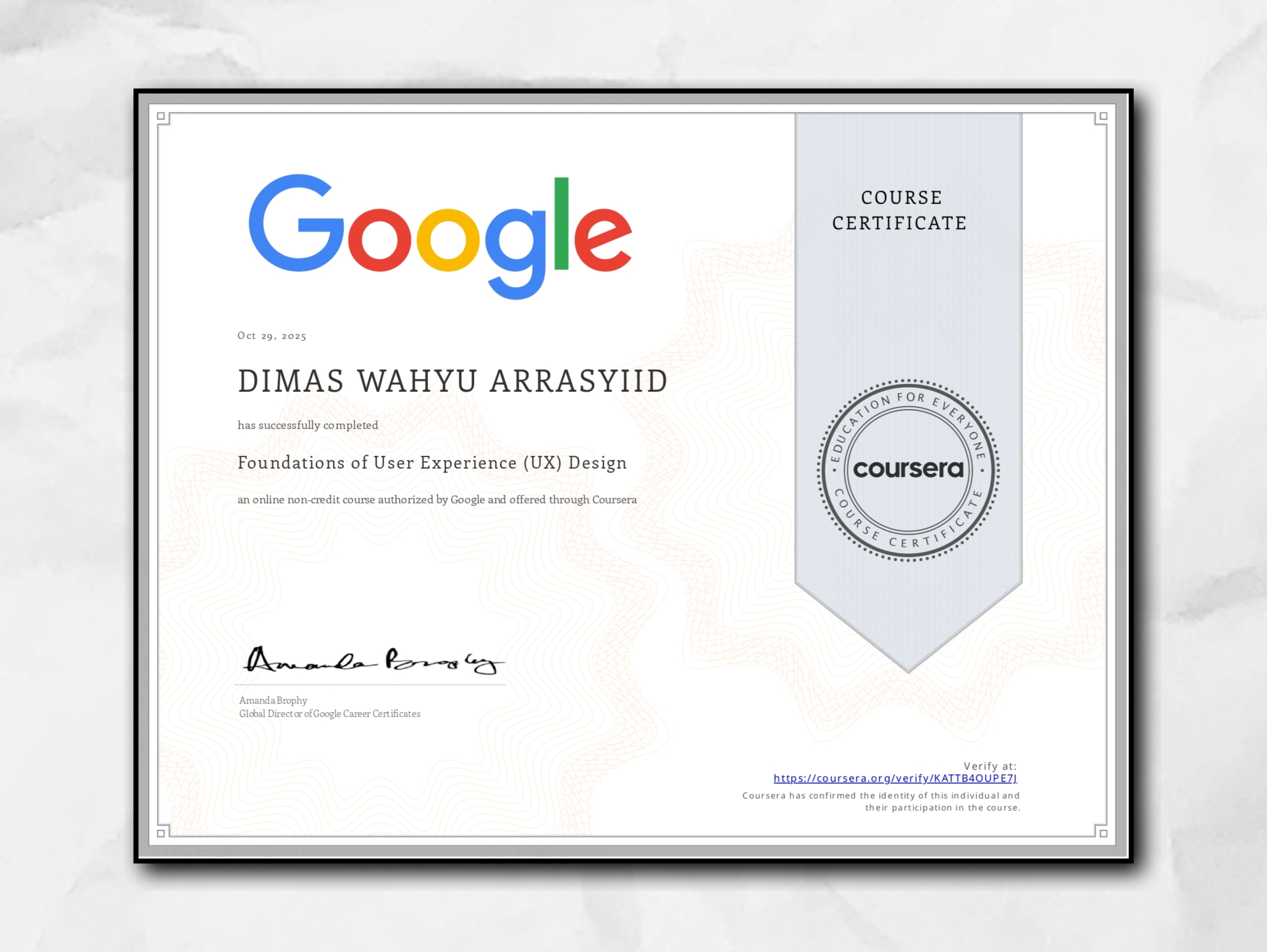 Sertifikat Google UX Design<br>by Coursera Learning